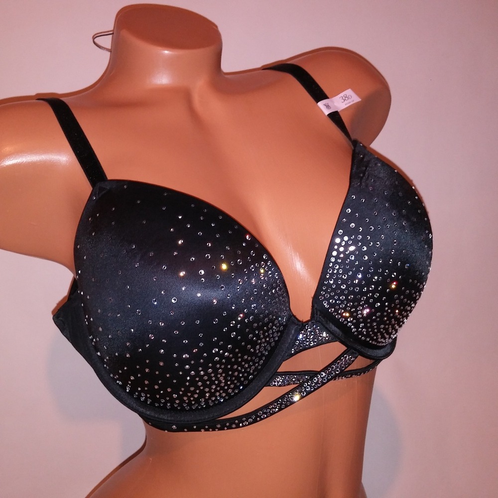 Victoria Secret Bra 38D Push Up Bling Black Silver Studded Very Sexy Underwire